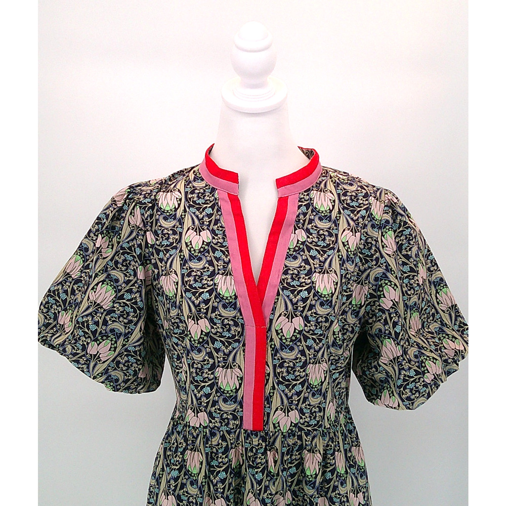 Women's Floral Print Midi Dress Sz M Voy Puff Sleeve Boho Chic Navy Pink Casual - Picture 4 of 11
